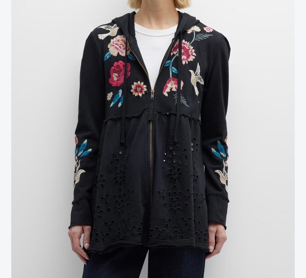 Johnny Was Junia Embroidered Hoodie Coat Black French Terry Eyelet Lace XXS NWOT